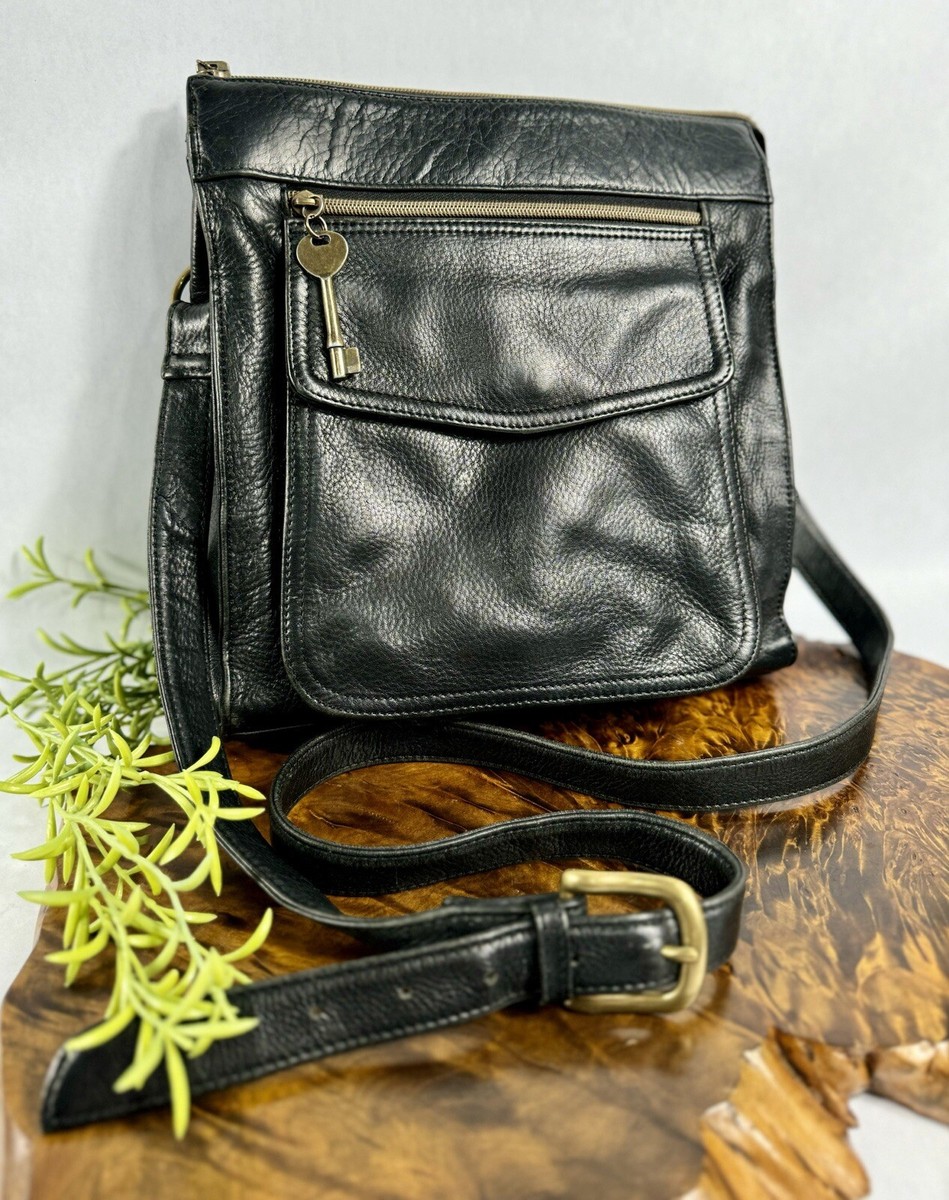 Vintage Fossil 1954 Crossbody Shoulder Bag Purse Pebbled Black