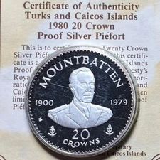 1980 TURKS CAICOS 20 CROWNS PIEDFORT SILVER PROOF PIEFORT MOUNTBATTEN BOX+COA