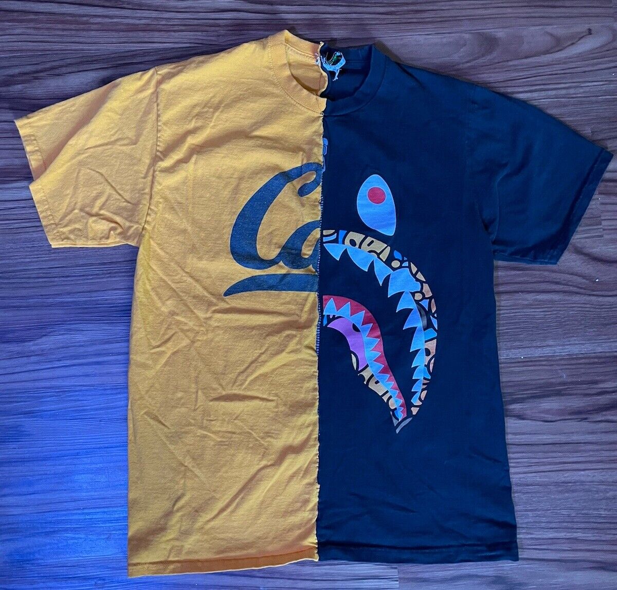 Sz M Custom Split Bape & Cal Bears T Shirt Medium Streetwear Black Yellow Shark