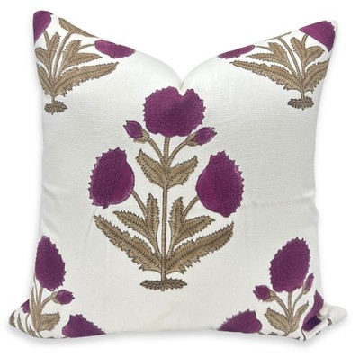 Fabritual Handmade Boho Floral Block Print 18x18 Inch Thick Cotton White Pill...