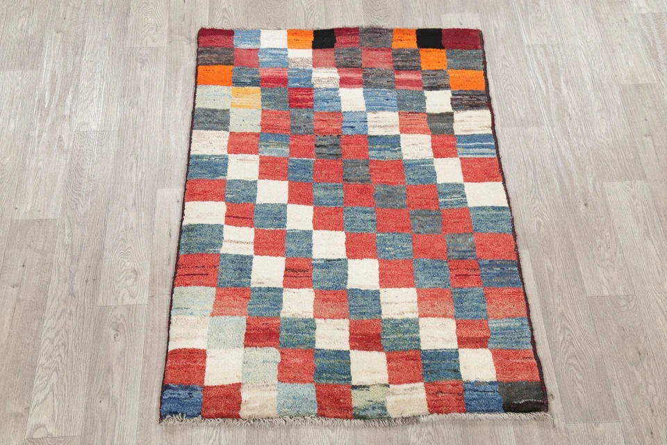 Alfombra de vestíbulo a cuadros 3x5 pies estilo Gabbeh alfombra de lana moderna alfombra de acento multicolor Foto 2 de 4