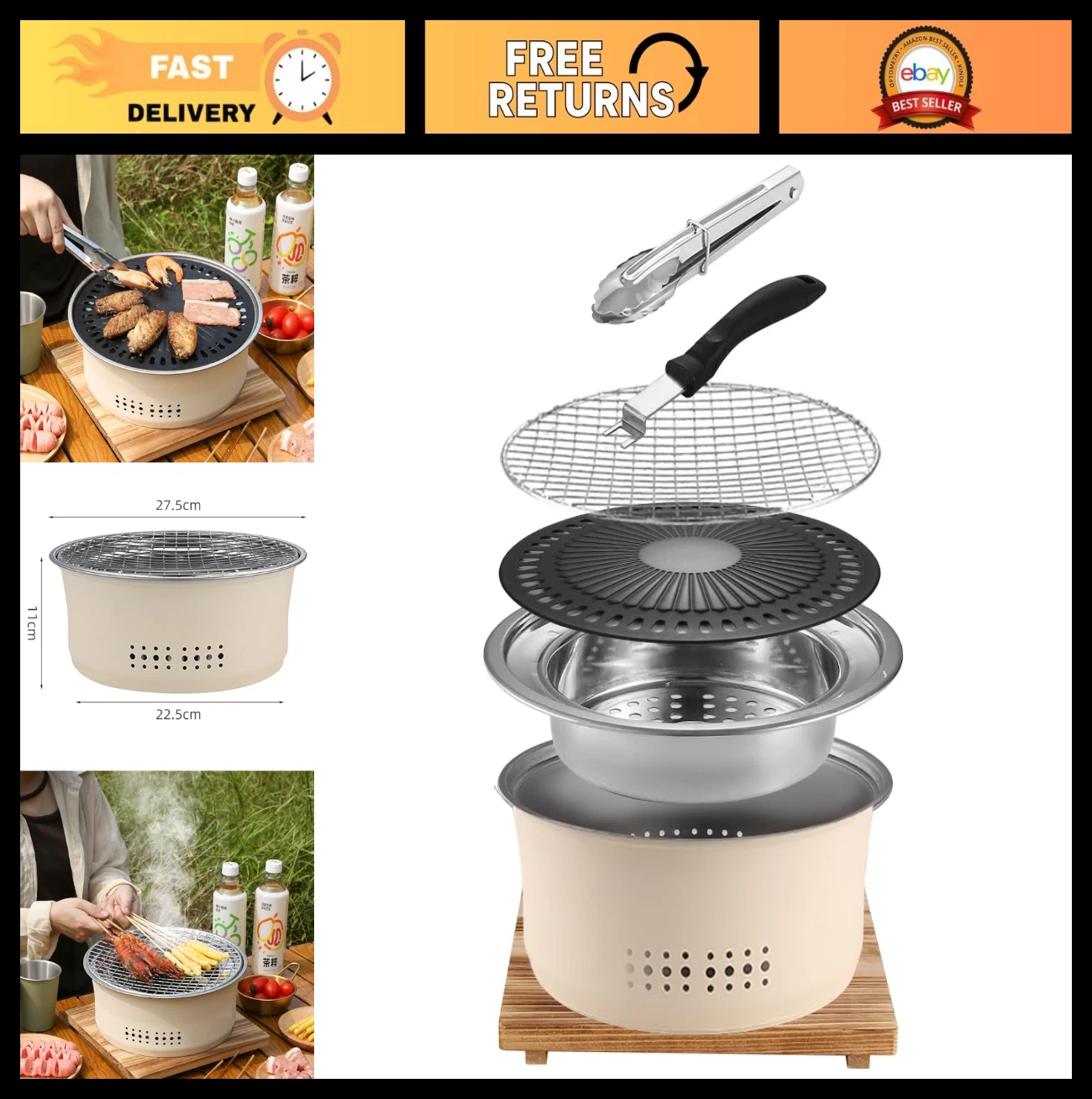 Portable Charcoal Grill 10.5" Non-Stick Round BBQ Stove for Outdoor Camping & Pa