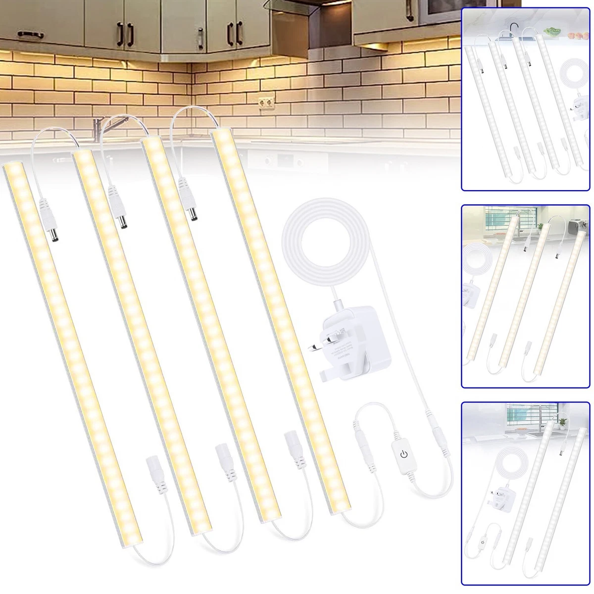 Tira de luces LED del Reino Unido debajo del gabinete cocina armario barra mostrador enchufable