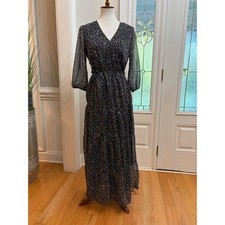 Esqualo Wrap Maxi Dress V Neck Abstract Purple Blue Sheer Sleeve 6 Jewel Toned