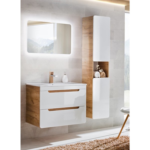 Badezimmer BadmöBel Set Hochglanz Weiß Eiche Waschtisch Led Spiegel Hochschrank-image