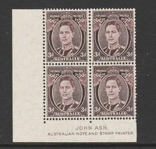 1941 3d PURPLE-BROWN JOHN ASH IMPRINT BLOCK OF "4" "MINT HINGED" FRESH!