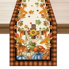 Fall Table Runner, 13x72, Cross, Pumpkin, Maple Leaves, Plaid, Thanksgiving