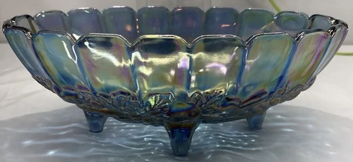 Vintage Indiana Iridescent Carnival Glass BLUE Harvest Grape Footed Fruit...
