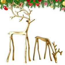 Christmas Deer Figurines Gold Copper Alloy Sculpture Elegant Indoor