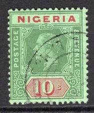 NIGERIA 1914-29 KGV DEFINITIVE 10/- VERY FINE CDS USED. STANLEY GIBBONS 11d.
