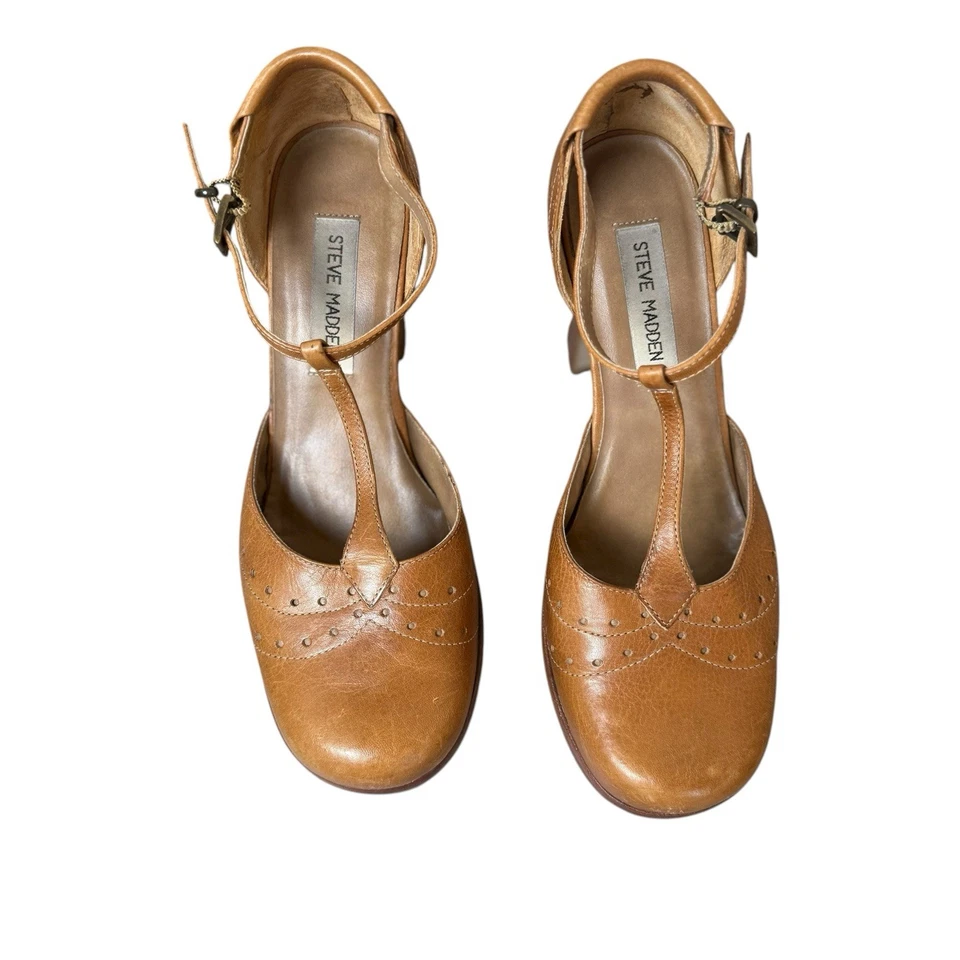 Steve Madden De Colección Madge Cuero Marrón Correa en T Tacones Talla 8.5 B Punta de Ala Rockabilly Foto 3 de 4
