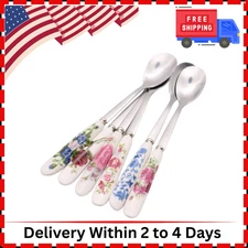 6 Pack Stainless Steel Coffee Spoon Ceramic Handle Teaspoon Sugar Spoon Ice Crea