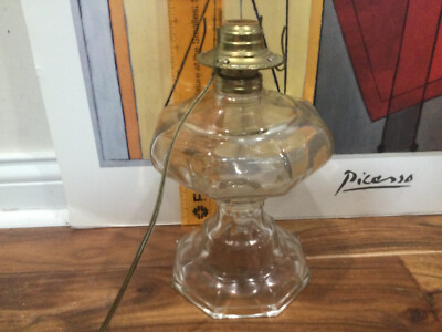 Vtg  Antique GLASS HEXAGON Oil LAMP & CHIMNEY Converted Electric farmhouse 10''
