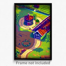 Pixel Art Poster - Puzzling Farmstead (8 Bit Psychedelic Video Game Print)