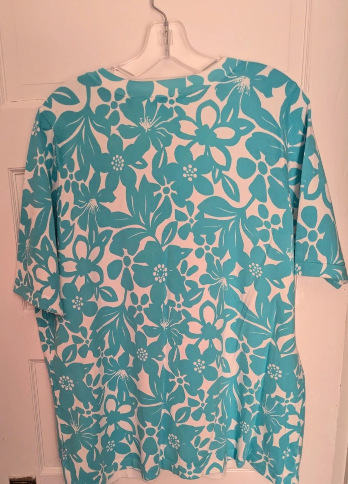 Denim & Co Sz 1X Elbow Turquoise/White Floral Button Front S/S Cardigan  A291639 - Image 4 of 4