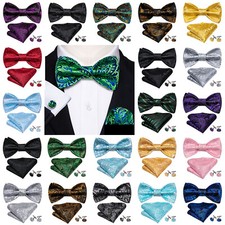 Barry Wang Mens Bowtie pretied Selftied Bow Tie and Pocket Square Cufflinks Set