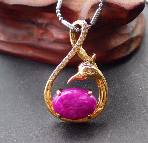 Lavender Genuine Jade Cabochon Imitation Diamond Phoenix 18KGP Pendant Necklace - Picture 5 of 6