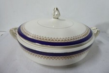 ANTIQUE ALFRED MEAKIN BLEU DU ROI POTTERY TUREEN SERVING BOWL GILT COBALT BLUE