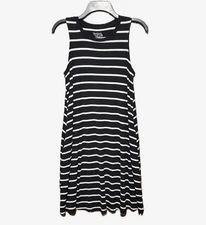 Time Tru S Women's Black White Striped Knit Swing Tank Dress Knee Midi Pockets
