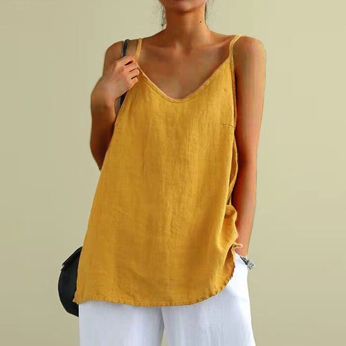 Women Cotton Linen Tank Top Ladies Summer Sleeveless Holiday Casual T Shirt Vest - Picture 11 of 16
