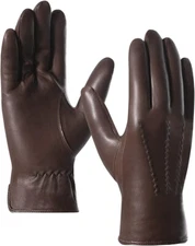 Harssidanzar Leather Gloves for Men,Winter Sheepskin Driving Gloves Cashmere Lin