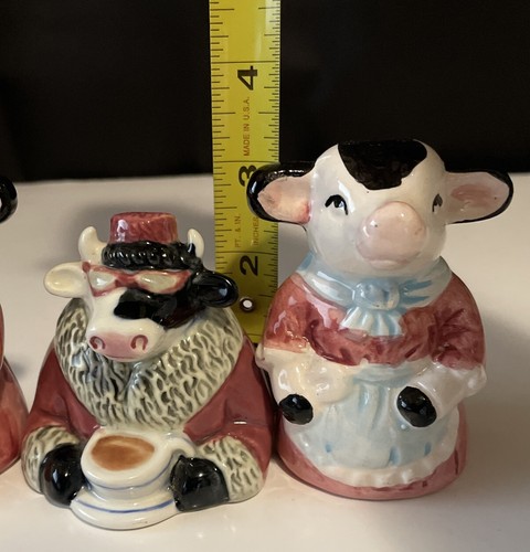 Vintage Cow Salt And Pepper Shakers Set Of 3 Aprons Coffee Sunglasses W/Stoppers - Picture 9 of 12