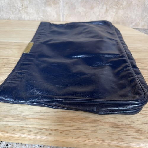 Vintage 80s Navy Blue Leather Clutch Purse Hand Bag Zipper Gold Brass Minimalist - Picture 4 of 24