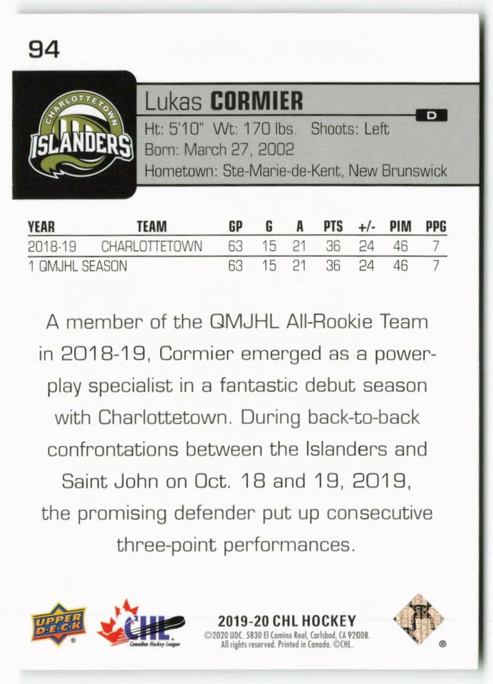 2019-20 Lukas Cormier Upper Deck CHL Rookie - Image 2 of 2