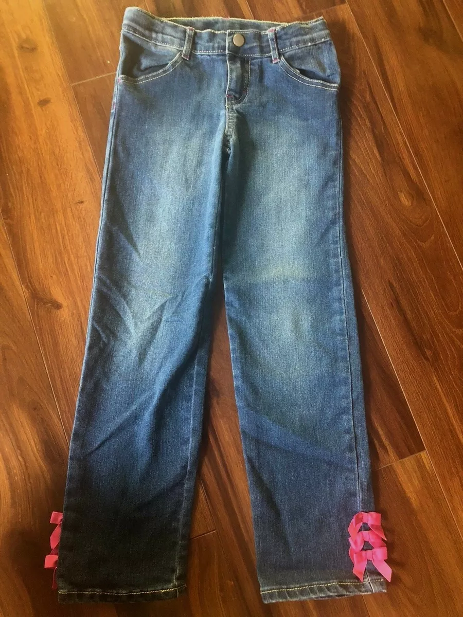 girls GYMBOREE DENIM JEANS pants ADJUSTABLE WAIST pink bows NICE stretch size 8