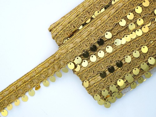 9 Yard Gold Sequence Sari Border Sheer Tissue Fabric Lace Trim Sew On Embellish - Picture 3 of 5