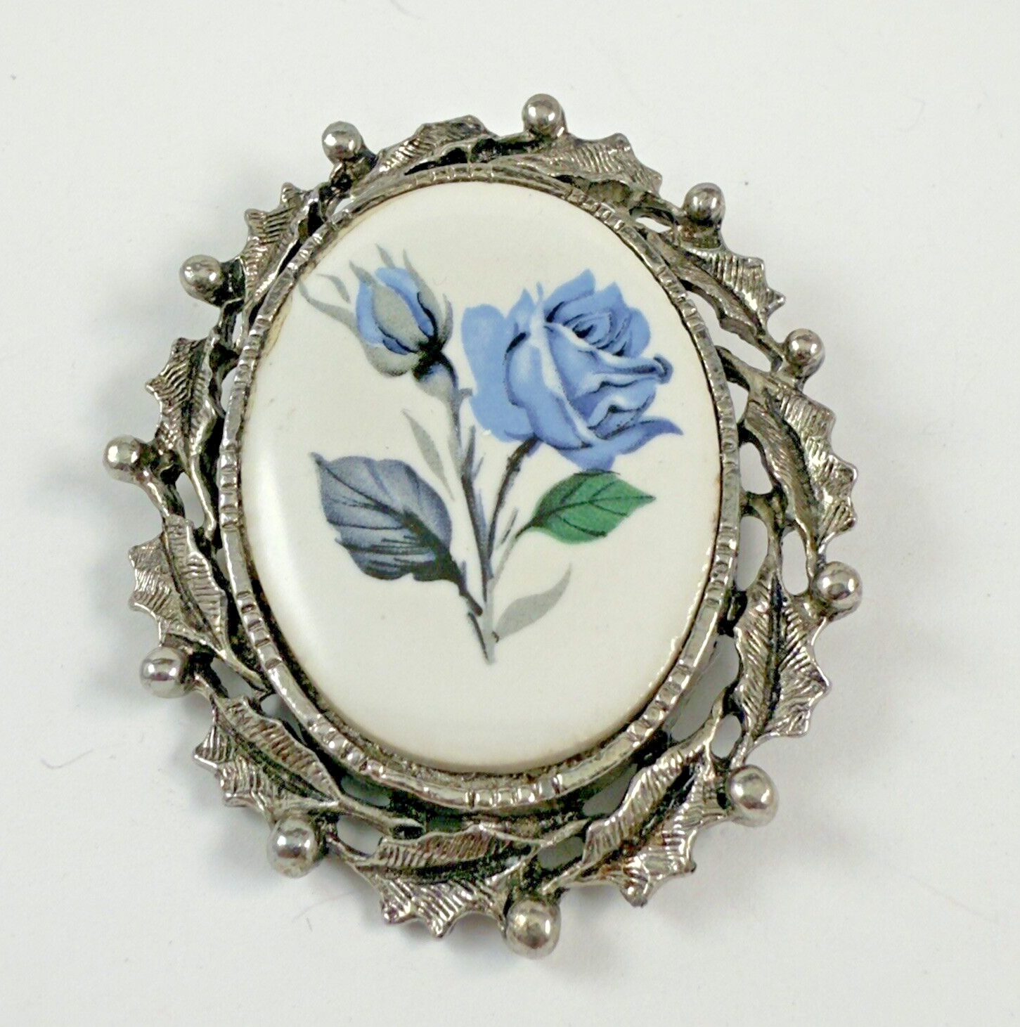 Vintage Oval Blue Rose Silver Tone Flower Brooch Victorian Style