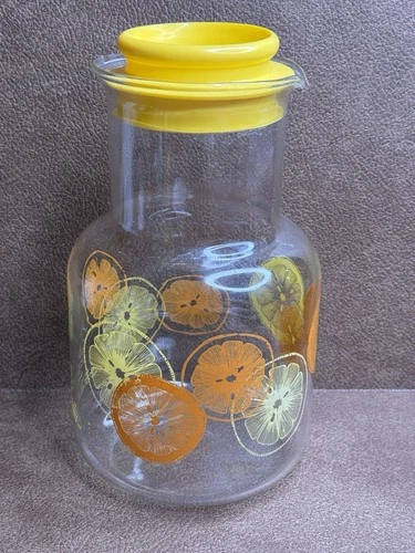 Vintage 2 Qt Pyrex Glass Juice Pitcher Carafe with Lid Lemons & Oranges (3520)