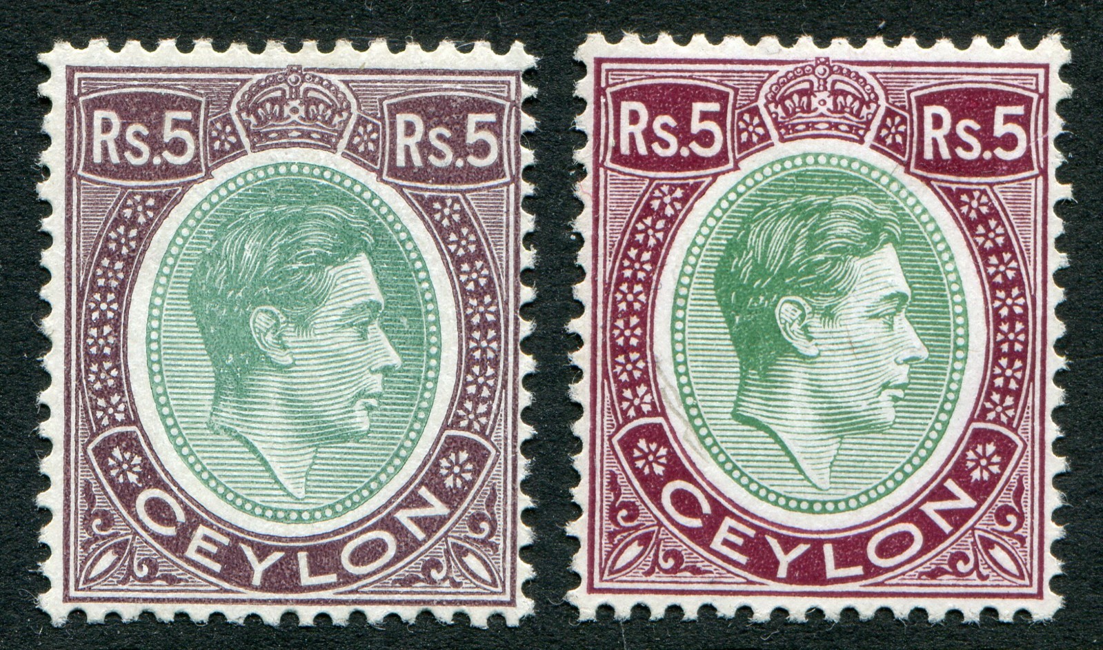 Ceylon 1938-48 5r x2 SG 397 & 397a hinged mint (cat. £115 as u/m) 'C'