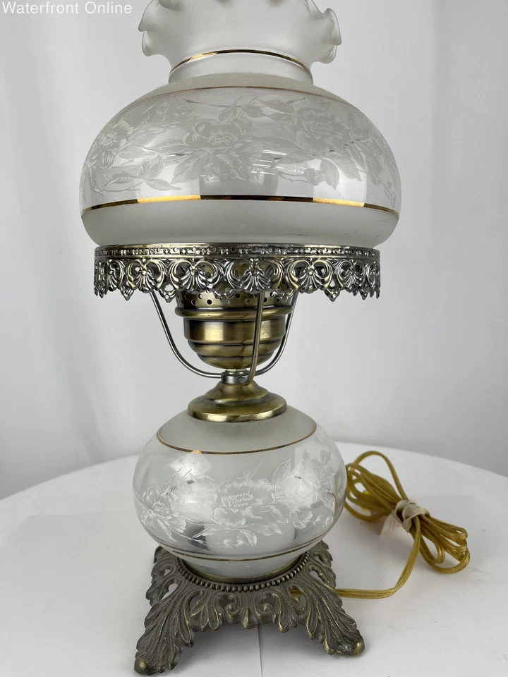 Lámpara de vidrio doble globo vintage Quoizel Hurricane GWTW flores grabadas lámpara de 3 vías Foto 3 de 4