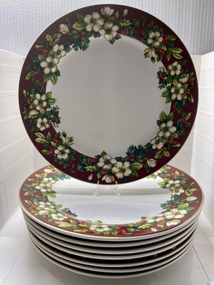 Sakura Splendor Burgundy Pattern Excell Home Fashions Dinner Plates! Set Of 8!