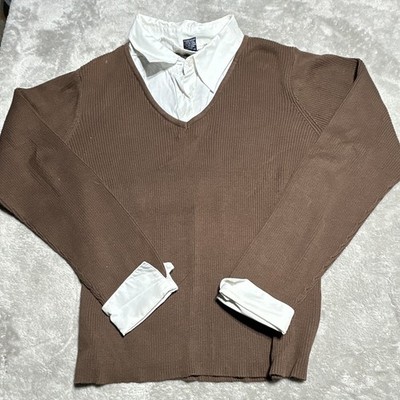 Karen Scott Women s Brown Rib-Knit V-Neck Pullover Sweater Sewn-In Dickie M