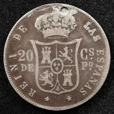 Spanish Philippines 20 Centavos 1868, Coin, Silver, Hole Damage, Inv#H360