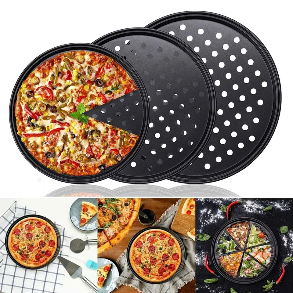 9" 11" 12" Pizzablech Zum Backen Aus Stahl Mit Löchern Runde Pizzapfanne Für С - Bild 4 von 4