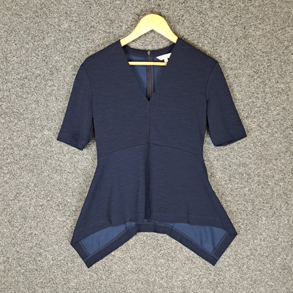 Veronika Maine Blouse Top Womens Size M Navy Peplum Stretch