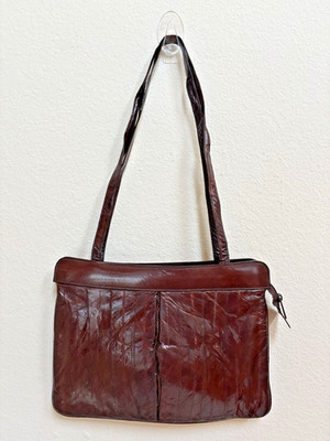 Vintage Eel Skin Handbag Set Brown Leather Tote Wallet Key Case 1981