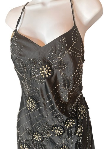 NWT Black Beaded Back Crisscross Straps Asymmetric Hem Whimsigoth Y2K Slip Dress - Picture 5 of 11