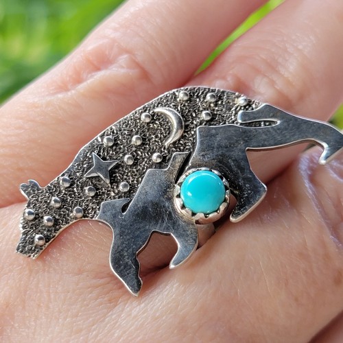 Turquoise Bear, Moon & Stars Ring Size 8 Navajo Style w/ 925 Sterling Silver - Picture 3 of 8