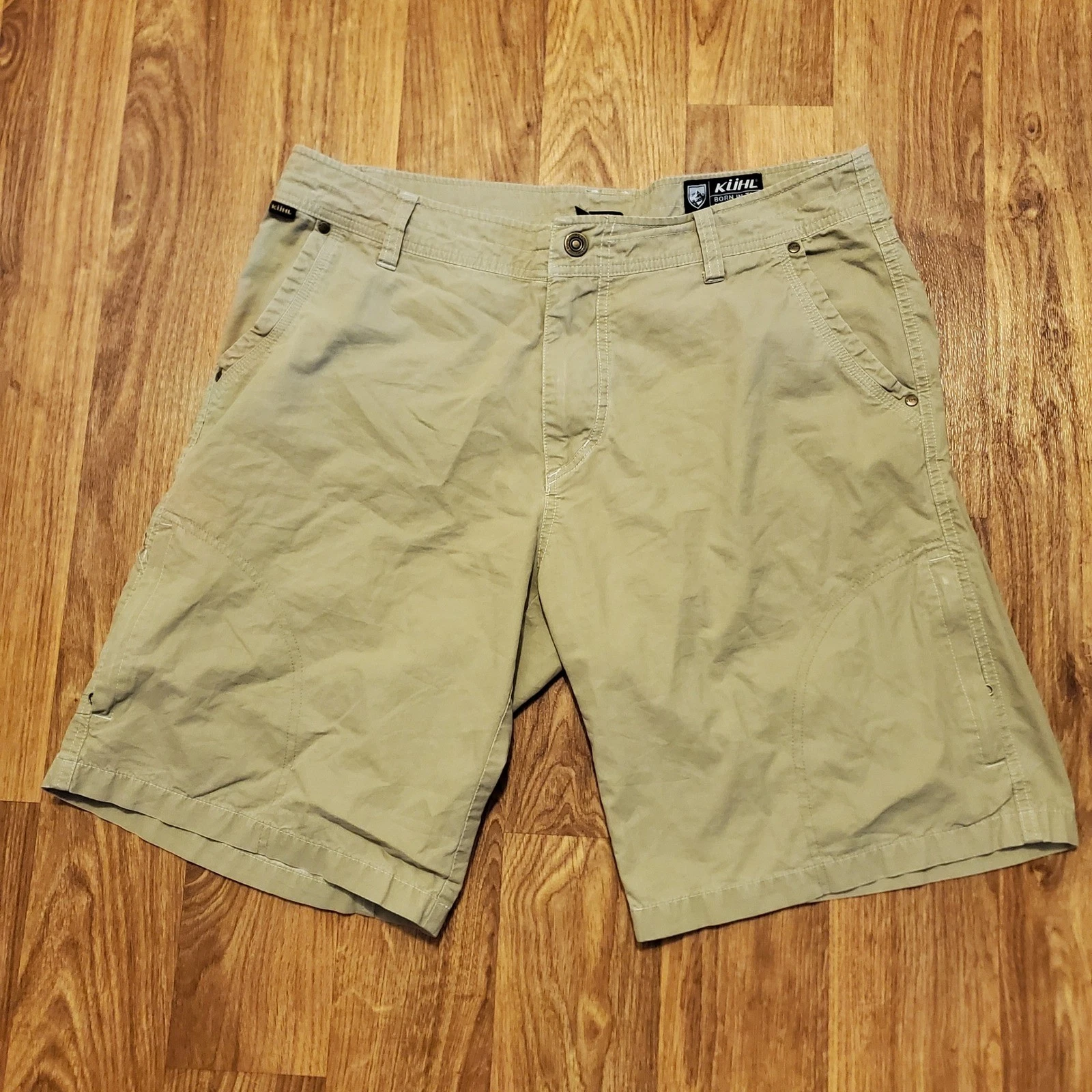 Kuhl Hiking Shorts Men 36 Tan Vintage Patina Dye Cotton Nylon Cargo Utility