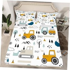 Cartoon Car Kids Fitted Sheet Construction Bed Sheet Set Decor Queen Multi 25
