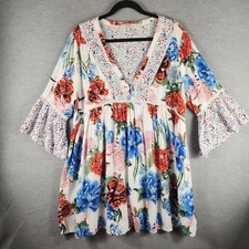 Umgee USA Tunic Dress Womens XL Cream Floral Boho Babydoll Bell Sleeve Lace