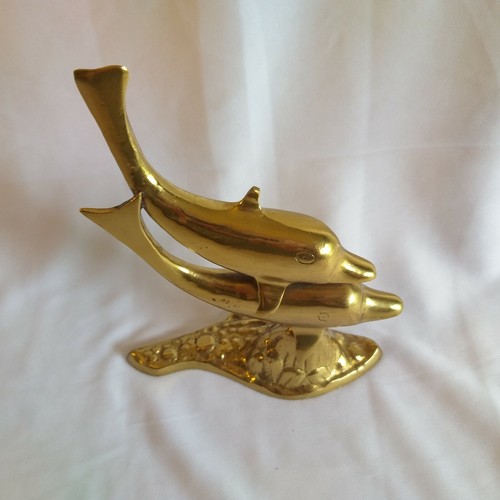 Vintage Solid Brass Double Dolphin Statue FIGURINE Swimming Dolphins 5-3/4" Tall - Picture 5 of 12