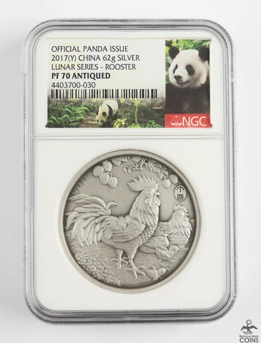 2017 China Lunar Series: ROOSTER .999 Silver 62g Panda Medal NGC PF70 Antiqued