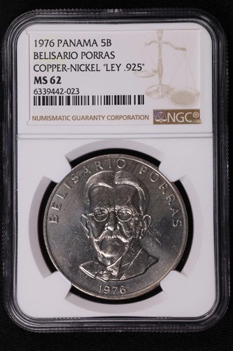 1976 Panama Copper Nickel 5 Balboa Rare Mule Error w/ .925 Ley Rev. - NGC MS 62