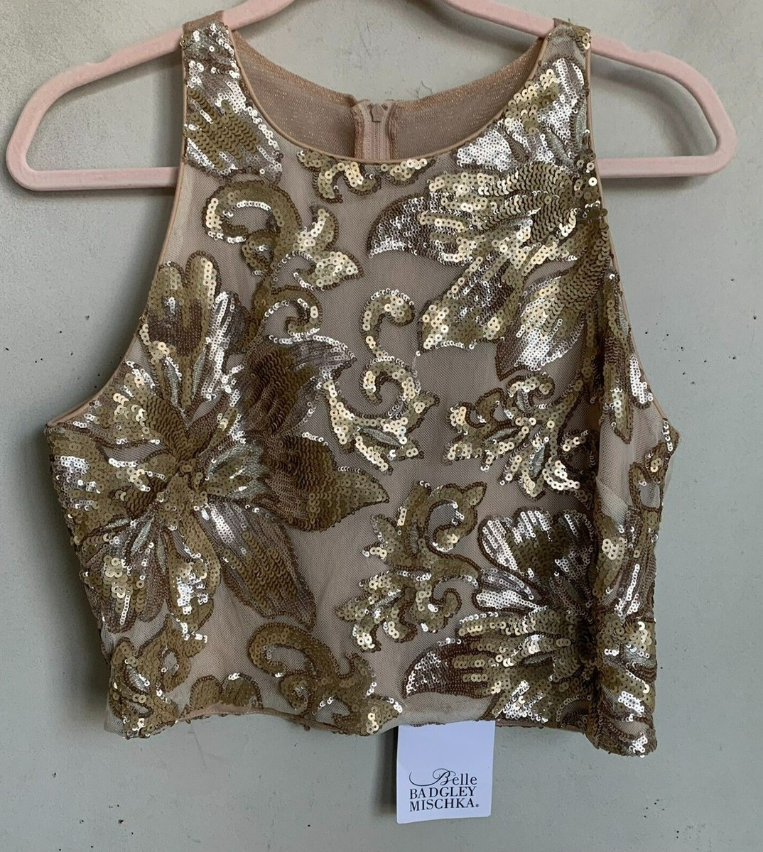 Belle Badgley Mischka Margot Top Tan Sequin Zip Sleeveless
