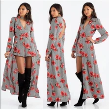 Black Red Pinstriped floral plunge 2-in1 maxi romper S NWT